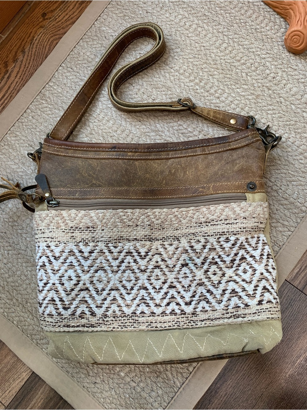 Myra Blending Crossbody Shoulder Bag in Brown and Cream - Textured Aztec Panel